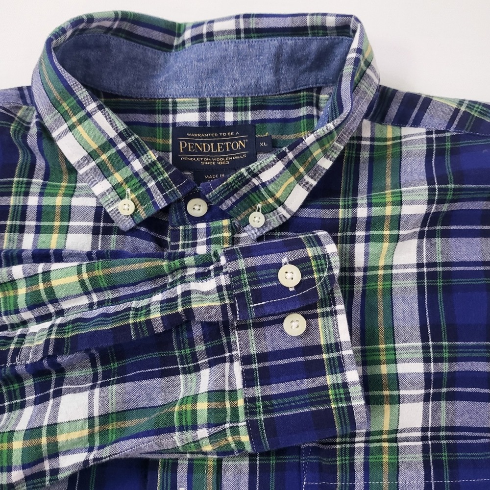 Pendleton Men Large‎ Blue/Green Plaid Long Sleeve Button Up Shirt 100% Cotton